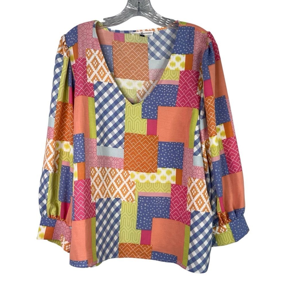 Michelle McDowell Top Women’s L Colorful Patchwork Coral Aspen Blouse V-Neck